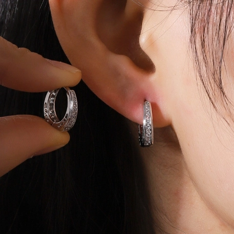 Double Row Zirconia Hoop Earrings Copper Hollow Design Huggie Earrings With 925 Sterling Silver Post Fashion Jewelry For Women