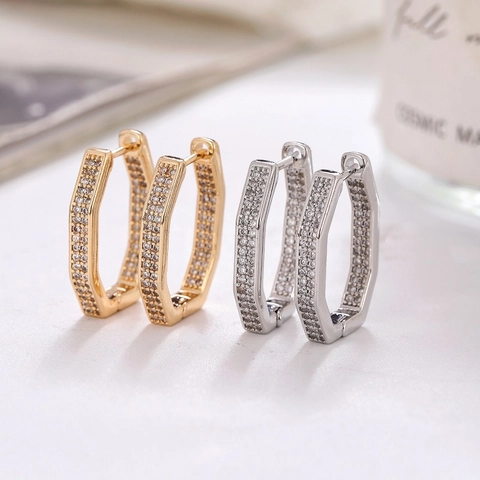 Geometric Hexagon Huggie Earrings Copper Zircon Inlaid Gold Silver Vintage Luxury Style Women Fashion Jewelry Accessory