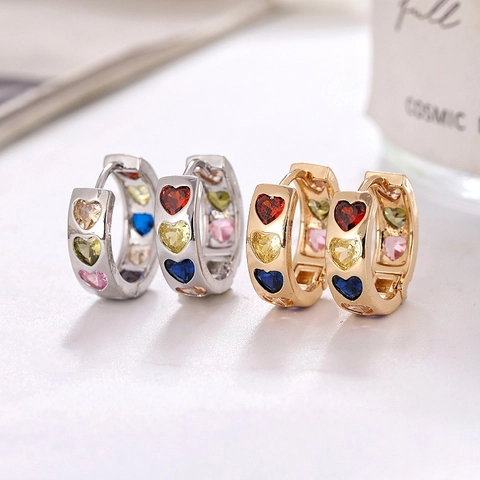 Exquisitos Pendientes de Aro de Cobre en Forma de Corazón Con Strass para Mujer Huggie Geométrico Colorido Elegante