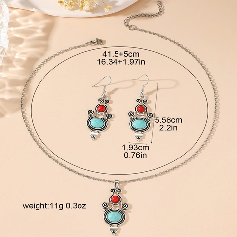 Retro Boho Türkis Schmuck Set Für Damen Antik Silber Metall Quaste Ohrringe Geometrische Wassertropfen Anhänger Halskette