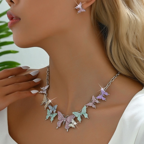 Colorful Butterfly Flower Jewelry Set Alloy Enamel Butterfly Necklace Stud Earrings Sweet Fashion Jewelry Set For Women