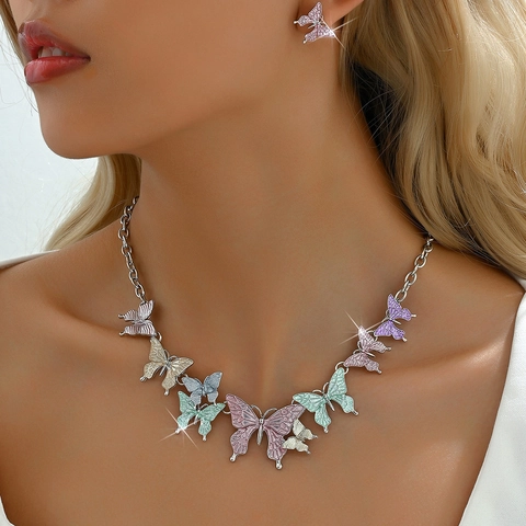 Colorful Butterfly Flower Jewelry Set Alloy Enamel Butterfly Necklace Stud Earrings Sweet Fashion Jewelry Set For Women