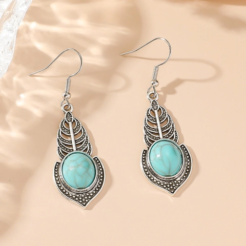 Bohemian Vintage Alloy Turquoise Jewelry Set For Women Ethnic Style Hollow Leaf Teardrop Pendant Necklace Drop Earrings Set