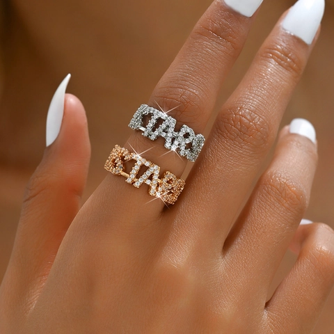 Anello in Rame Cavo Con Lettera Stars Americano Europeo Strass Micro-intarsiato Regolabile Anello Aperto per Dito Indice Donna Gioielli