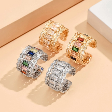 Anello Aperto di Lusso in Rame con Zirconia per Donna Vintage Vuoto Geometrico Colorato Strass Regolabile Gioielli Festa Regalo