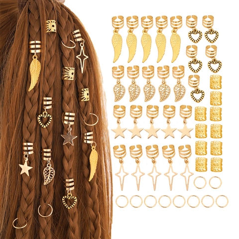 Gold Alloy Braid Accessories Set Leaf Feather Star Heart Pendants Hollow Metal Hair Rings For Braid Hair Clips Jewelry