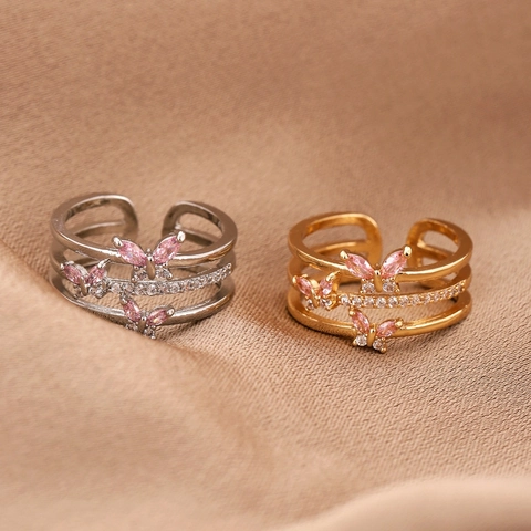 Korean Luxury Copper Zirconia Butterfly Ring Three Layer Adjustable Open Finger Ring For Women Wedding Party Jewelry