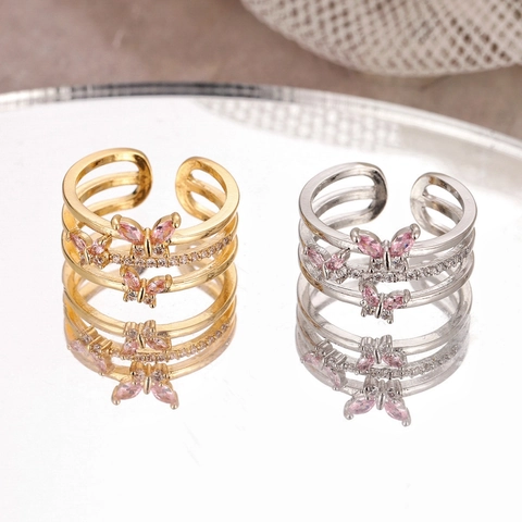 Korean Luxury Copper Zirconia Butterfly Ring Three Layer Adjustable Open Finger Ring For Women Wedding Party Jewelry