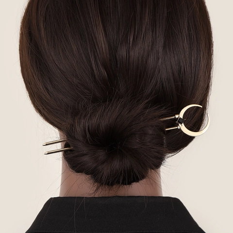 Minimalist Alloy Crescent Moon Hair Stick With Black Rhinestone For Women Vintage U-Shaped Hair Fork Bun Holder Hair Jewelry