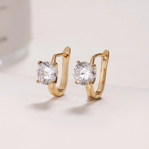 Elegant Korean Style Round Zirconia Leverback Earrings Copper Gold Silver Plated Minimalist Four Prong Jewelry For Women