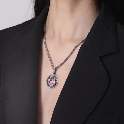 Vintage Oval Pink Crystal Pendant Necklace Silver Plated Alloy Hollow Flower Rhinestone Wheat Chain Jewelry For Women Party