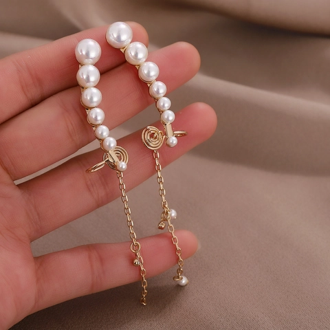 Pendientes de Oreja de Aleación de Oro Vintage Francés con Borla de Perlas Artificiales Elegante Cadena Larga Flecos Zirconia Joyería