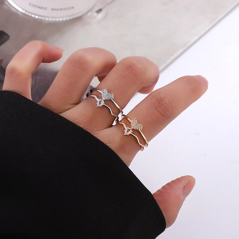 Koreanischer Stil Doppellagiger Herz Offener Ring Kupfer Strass Wassertropfen Verstellbarer Minimalistischer Ring