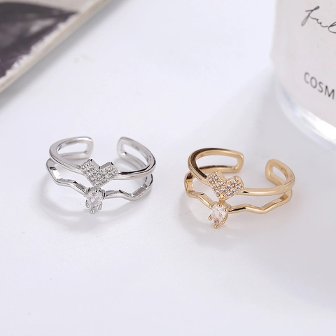 Koreanischer Stil Doppellagiger Herz Offener Ring Kupfer Strass Wassertropfen Verstellbarer Minimalistischer Ring