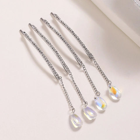 Elegant Silver Water Drop Pendant Hair Clip With Rhinestone Chain Fringe Bangs Clip Temperament Hairpin For Women Daily Jewelry