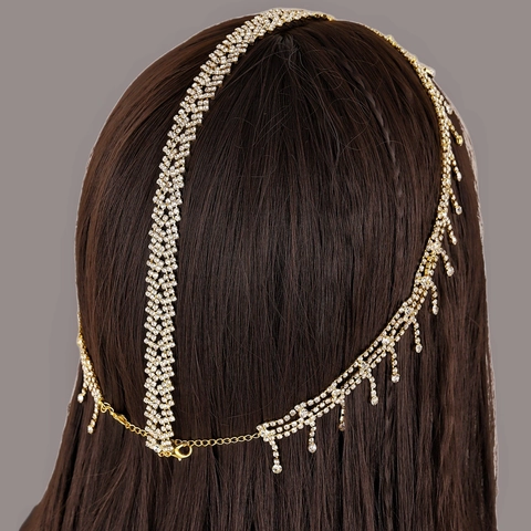 Catena per la Testa con Pendente sulla Fronte in Metallo con Nappe di Strass Lusso per Matrimonio Donna Gioielli