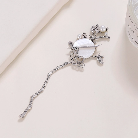 Pasador De Pelo Vintage De Aleación Forma De Rama Con Disco De Nácar Y Perlas Artificiales Blancas Estilo Chino Elegante Mujer