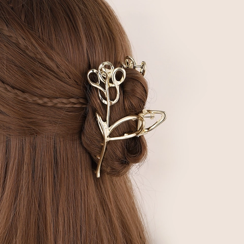 Eleganter Legierung Rose Blume Haarkralle Metall Hohlraum Tulpe Haarnadel Für Damen Mode Gold Silber Haarschmuck