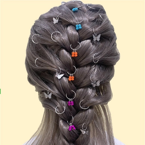 Anneaux de Cheveux Dreadlock en Alliage d'Argent Avec Pendentifs Papillon et Perles Colorées Accessoires de Tresse Hip Hop Punk Femme