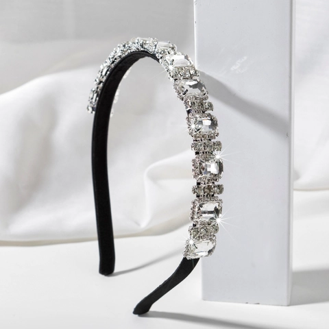 Korean Style Luxury Geometric Rectangular Rhinestone Encrusted Headband For Women Black Fabric Pave Crystal Hair Band Accessory