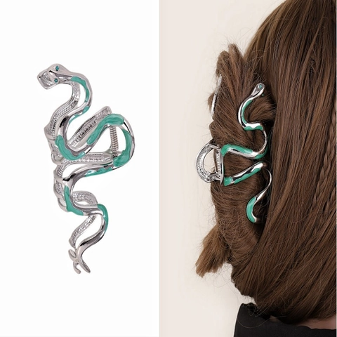 Vintage Silber Schlangenform Haarklammer Mit Grüner Emaille Und Strass Akzenten Für Damen Stilvoller Haarschmuck Im Tierdesign