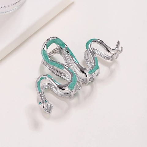 Vintage Silber Schlangenform Haarklammer Mit Grüner Emaille Und Strass Akzenten Für Damen Stilvoller Haarschmuck Im Tierdesign