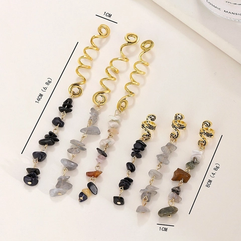 Vintage Alloy Gold Spiral Dreadlocks Hair Rings With Natural Stone Pendants Ethnic Bohemian Braid Hair Clips For Women Jewelry