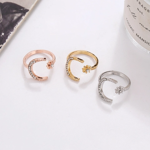 Fashion Alloy Rhinestone Star Moon Open Ring For Women Adjustable Western Style Starry Moon Finger Jewelry Gold Silver Rose Gold