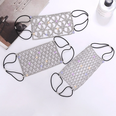 Luxury Rhinestone Mesh Face Mask For Women Alloy Artificial Pearl Decorative Face Jewelry For Party Festival Stage Performance