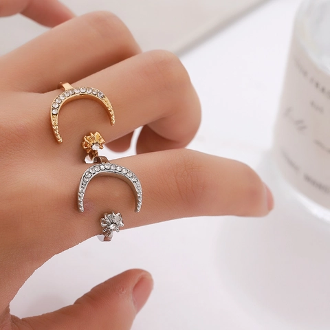 Fashion Alloy Rhinestone Star Moon Open Ring For Women Adjustable Western Style Starry Moon Finger Jewelry Gold Silver Rose Gold
