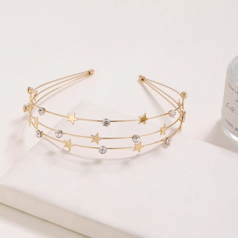Elegant Alloy Rhinestone Star Multilayered Headband Korean Style Thin Gold Silver Color Hair Band For Women Wedding Party Jewelry