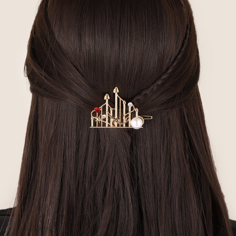 Pinza para el Pelo de Castillo y Sirena en Aleación Perla Artificial de Imitación y Strass Estilo de Cuento de Hadas Oro Plata para Niñas
