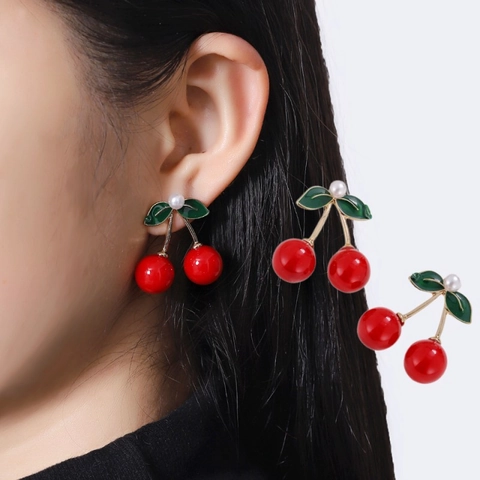 Mode Süße Rote Kirsche Ohrstecker Für Damen Mit Künstlicher Perle Edelstahl Stift Gold Legierung Frucht Ohrringe Schmuck