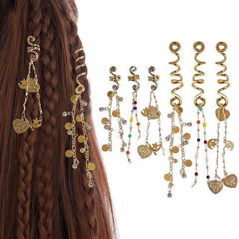 Bijoux de Cheveux en Spirale Boho Accessoires de Dreadlock en Alliage Plaqué Or Avec Gland de Pendentif Étoile de Lune de Cœur pour Coiffage de Cheveux Tressés Femme