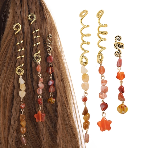 Accessorio per Capelli Etnico Oro con Clip a Spirale per Dreadlock in Lega Bohemian e Pendente a Stella in Pietra Naturale da Donna