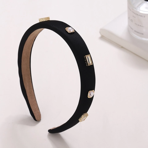 Cerchietto in Velluto Nero Retrò Francese Con Perla Artificiale e Strass Elegante Fascia Larga per Capelli da Donna Accessori