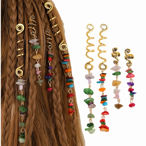 Bohemian Dreadlock Hair Rings Spiral Alloy Braid Clips With Colorful Natural Stone Pendants Vintage Ethnic Hair Accessories For Women