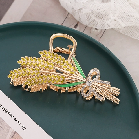 Elegante Pinza per Capelli in Lega a Forma di Spiga di Grano Strass Gialli Smalto Fiocco Oro Metallo Shark Clip per Donna