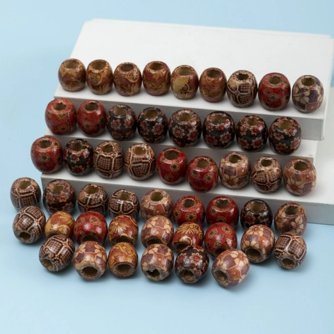 Perles de Cheveux en Bois Ethniques pour Dreadlocks DIY Fabrication de Bijoux Bohème Imprimé Grand Trou Perles Rondes Accessoires de Tressage