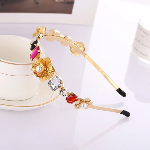 Cerchietto Barocco Retrò in Lega di Fiori per Donna Fascia per Capelli con Strass Colorati e Perle Artificiali Geometrica Matrimonio
