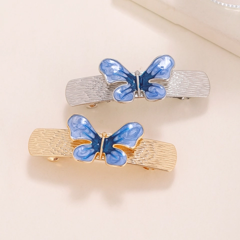 Pinza de Pelo de Aleación de Mariposa Vintage para Mujer Elegante Goteo de Aceite Azul Clip de Resorte Metal Oro Plata Accesorios