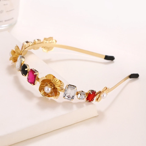 Cerchietto Barocco Retrò in Lega di Fiori per Donna Fascia per Capelli con Strass Colorati e Perle Artificiali Geometrica Matrimonio