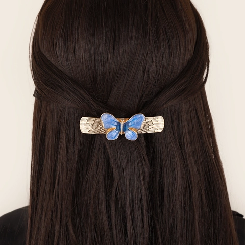 Pinza de Pelo de Aleación de Mariposa Vintage para Mujer Elegante Goteo de Aceite Azul Clip de Resorte Metal Oro Plata Accesorios