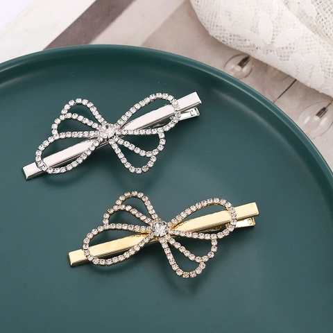 Vintage Rhinestone Bow Knot Hair Clip For Women Elegant Alloy Duckbill Clip Hollow Out Sparkling Crystal Hair Pin Fashion Hair Accessories