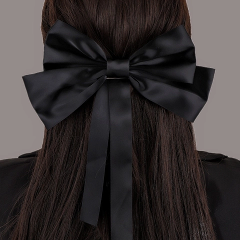 Large Black Satin Bow Hair Clip Elegant French Style Long Streamer Spring Clip Oversized Fabric Hair Accessory For Women