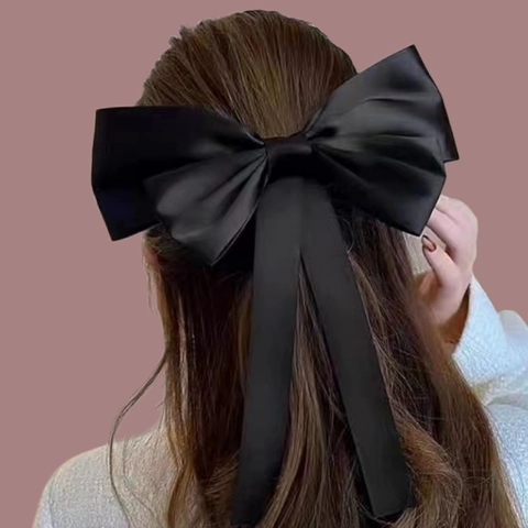 Large Black Satin Bow Hair Clip Elegant French Style Long Streamer Spring Clip Oversized Fabric Hair Accessory For Women