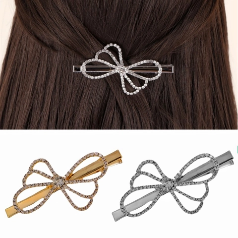 Vintage Rhinestone Bow Knot Hair Clip For Women Elegant Alloy Duckbill Clip Hollow Out Sparkling Crystal Hair Pin Fashion Hair Accessories