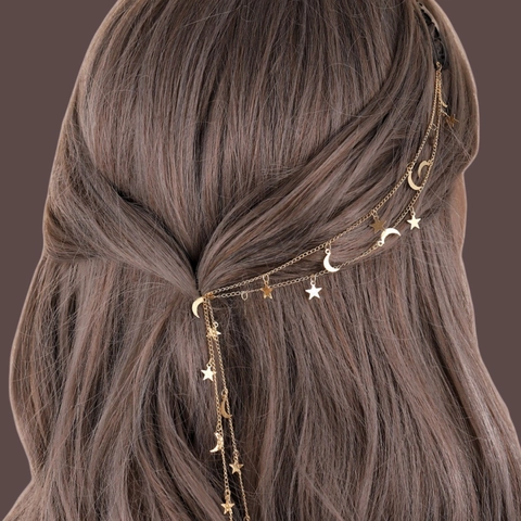 Cadena Para El Cabello Larga Con Borla Estrella Luna Bohemio Aleación Galvanizado Oro Plata Clip Para El Cabello Hada Mujer
