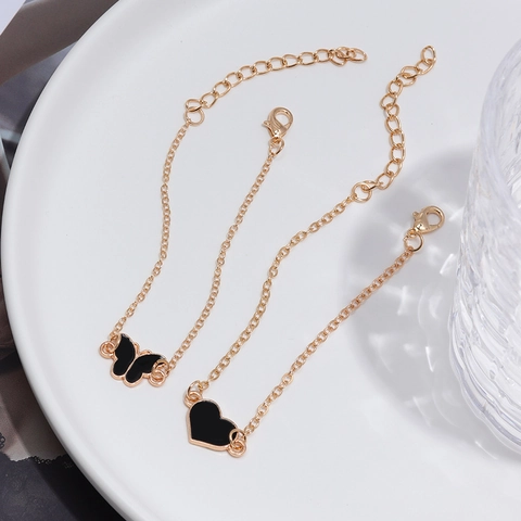 Fashion Alloy Black Enamel Butterfly Heart Charm Bracelet For Women Gold Plated Minimalist Adjustable Chain Jewelry Gift