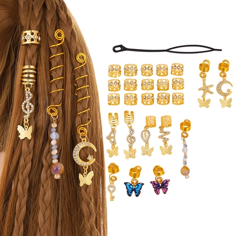 Gold Alloy Dreadlock Hair Clips Set With Butterfly Star Charms Rhinestone For DIY Braid Jewelry Women Men Hair Decor